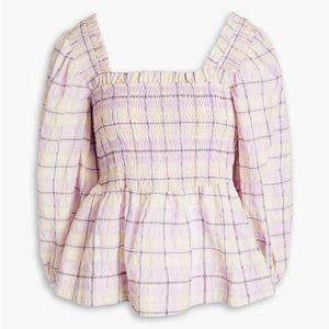 GANNI Shirred checked organic cotton-blend seersucker top NWT